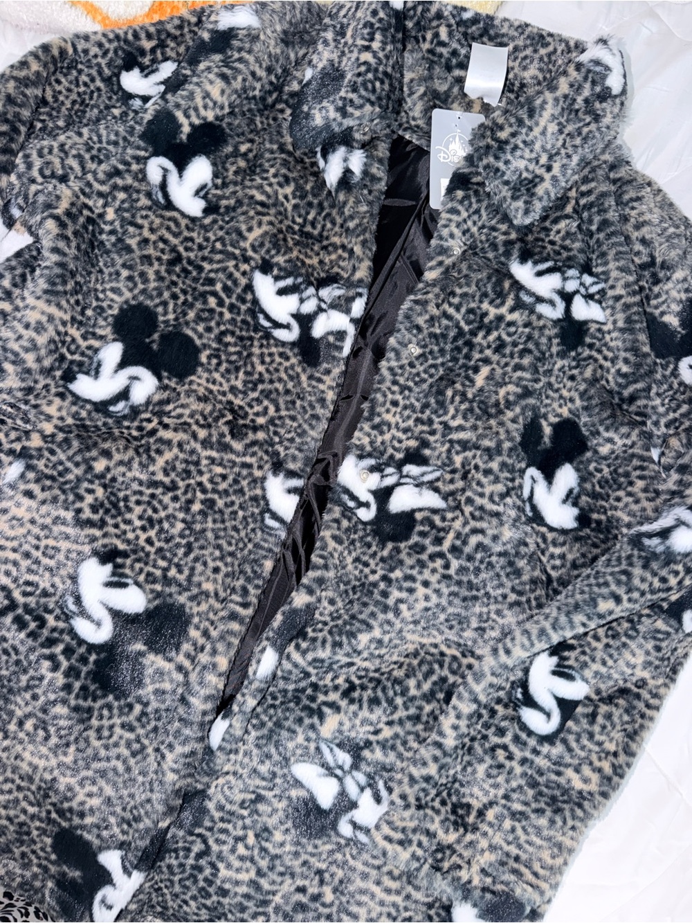Faux Fur Leopard Print Coat with Black & White Mickey Minnie